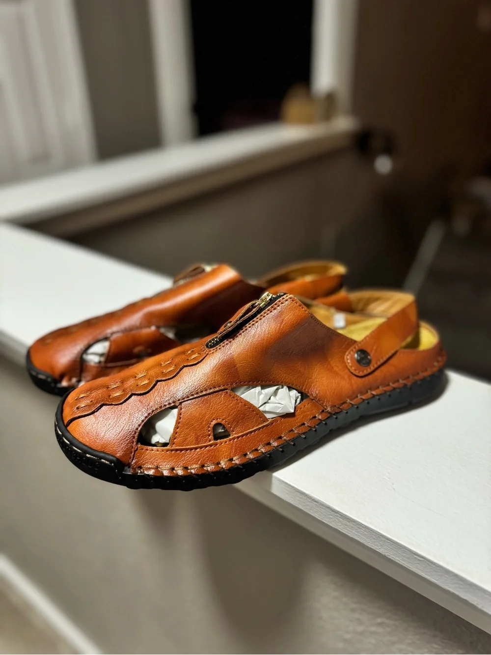 Men's Tan Leather Slingback closed toe Sandals with Zipper Accent 46/12.5